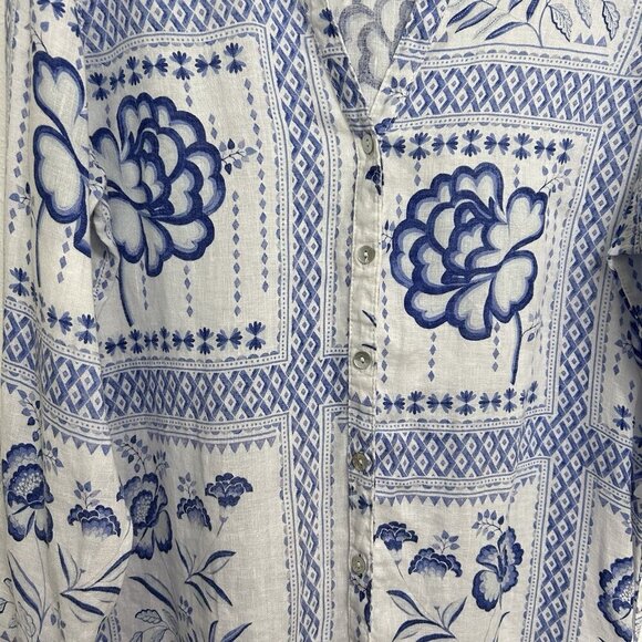 H by Halston 100% Linen Tunic Shirt Blouse Bright White Blue Artsy Floral Sz L - Picture 7 of 11